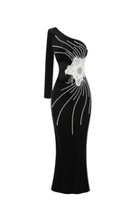 Calista Olive Black One Shoulder Velvet Maxi Dress Flowering Girl