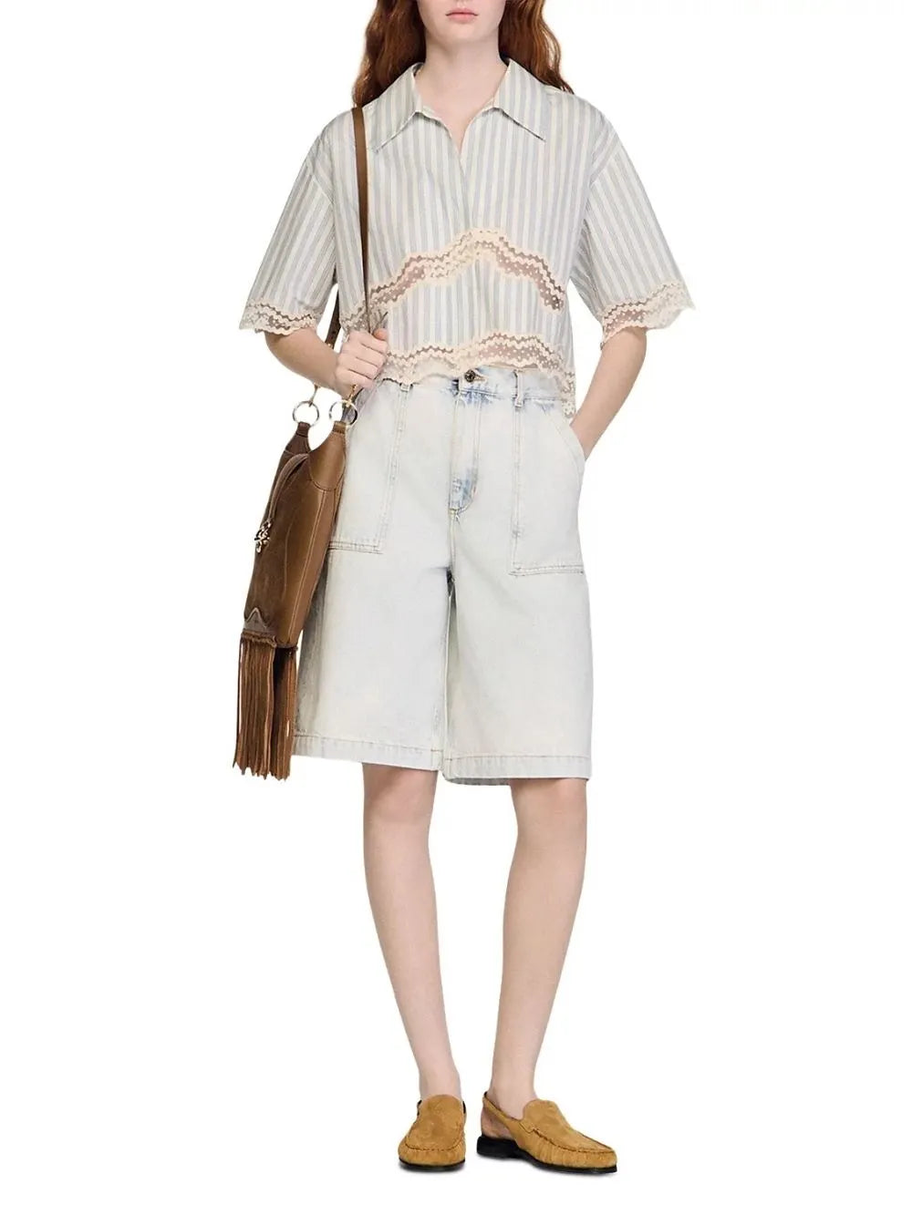 Cropped Striped Cotton Shirt Flowering Girl