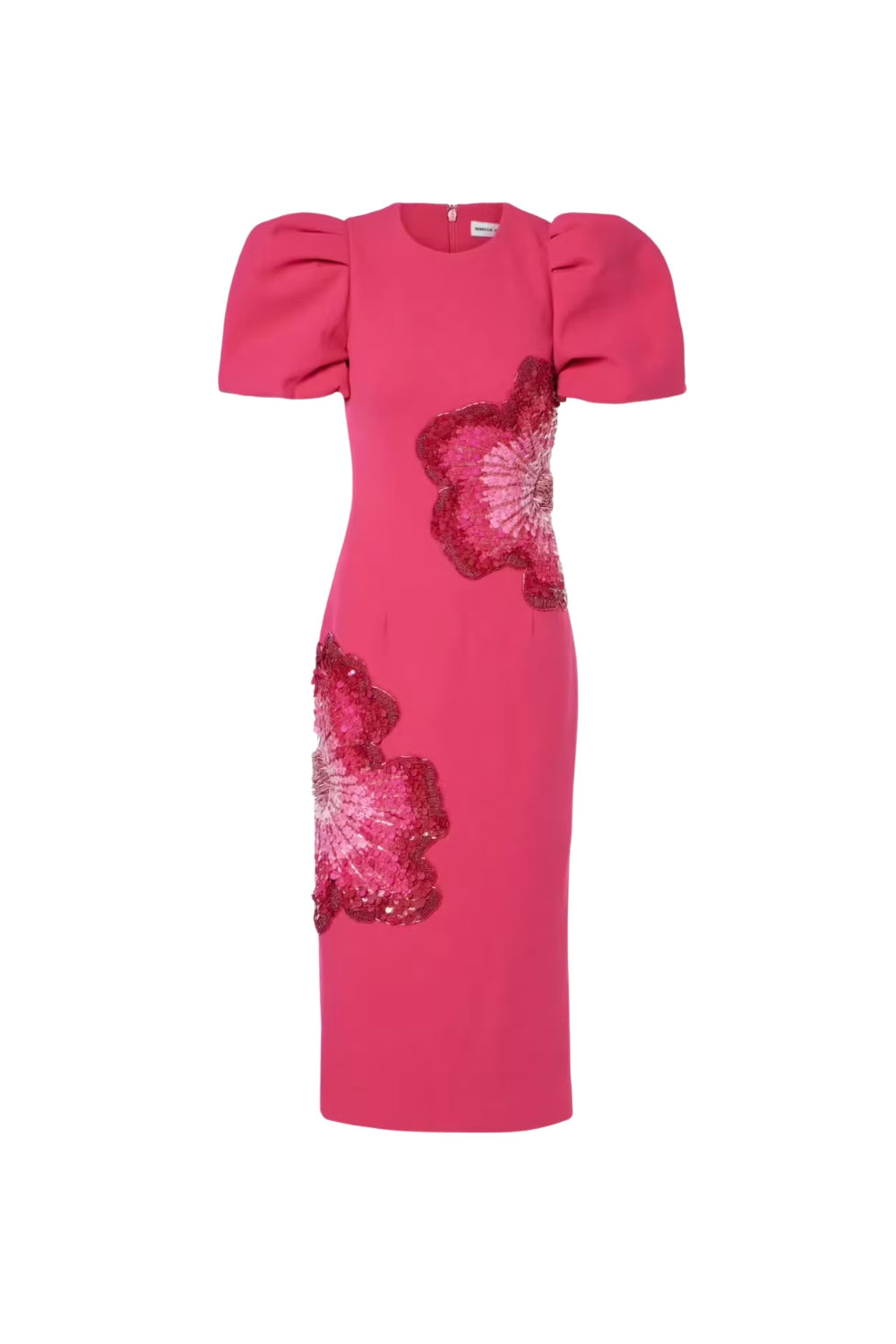 Sequin Flower Embellished Puff Sleeve Midi Dress In Pink Flowering Girl