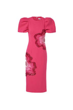 Sequin Flower Embellished Puff Sleeve Midi Dress In Pink Flowering Girl