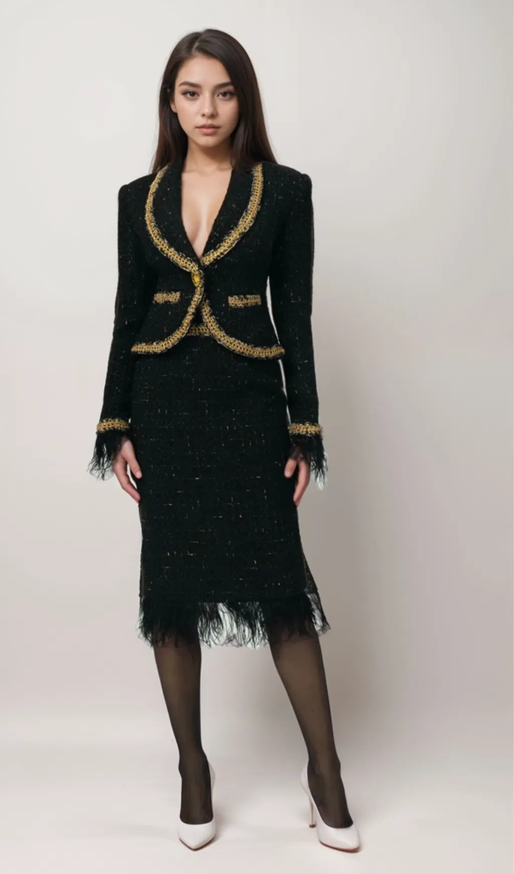 Black Tweed Blazer and Skirt Set with Gold Trim and Feather Detailing Flowering Girl