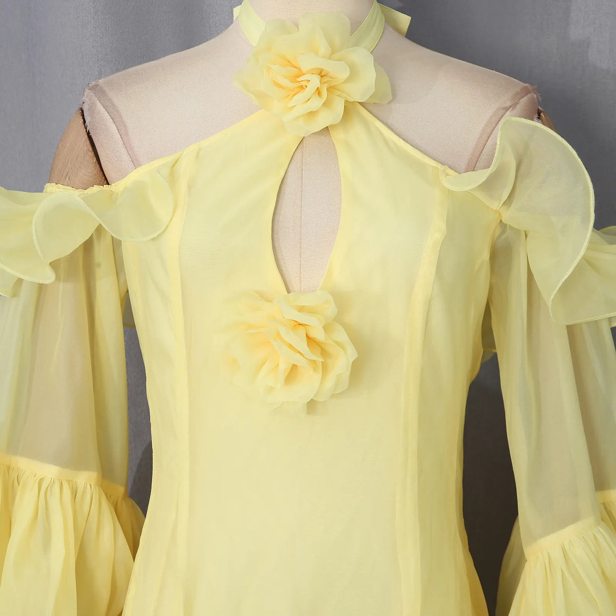 Melek Yellow Halter Flower Long Sleeve Maxi Dress Flowering Girl