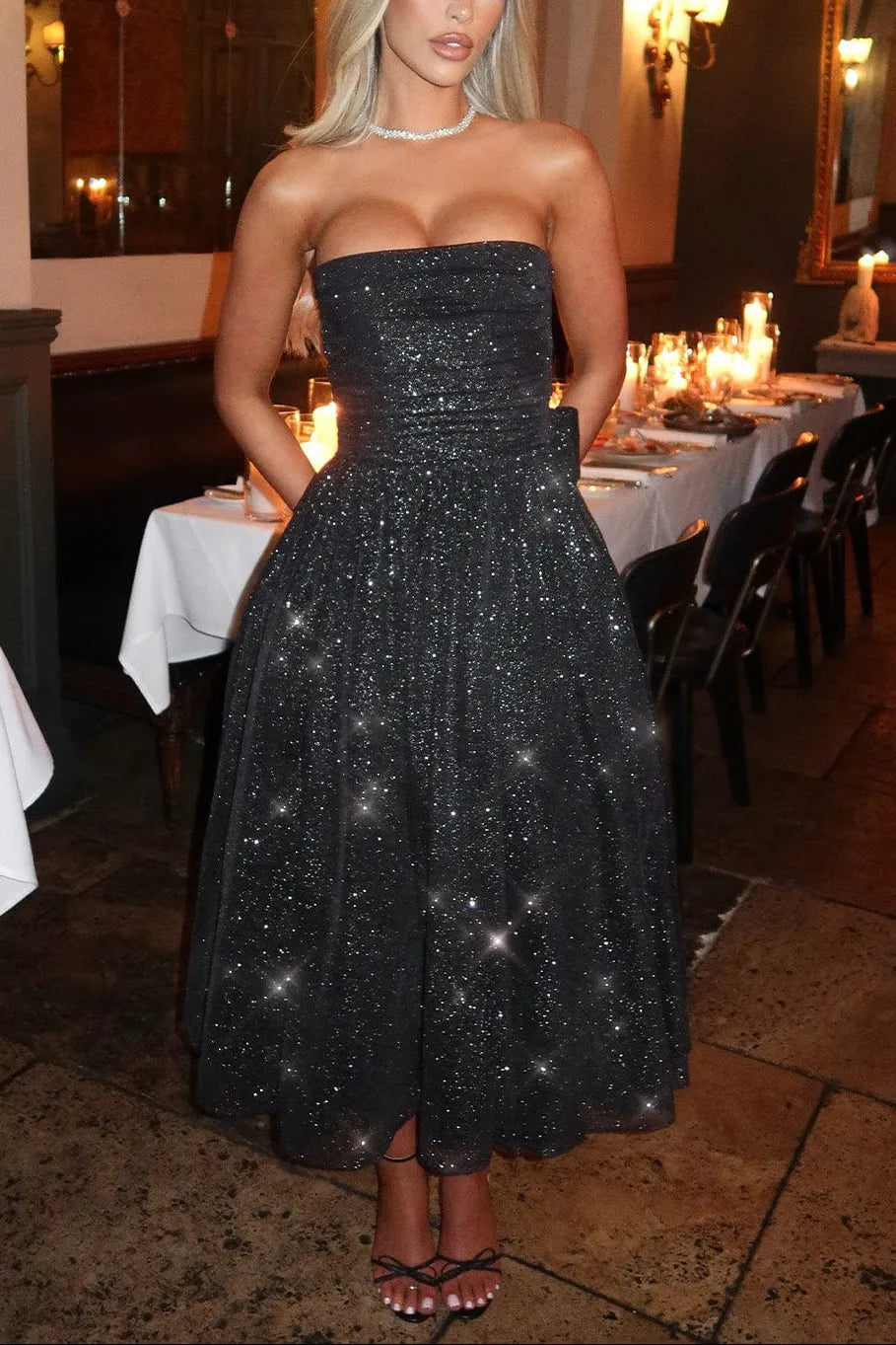 Marissa Midi Dress - Black Sparkle Flowering Girl