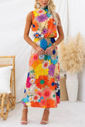 Sleeveless Tie Neck Waisted Floral Print Maxi Dress Flowering Girl