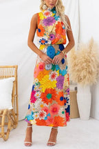 Sleeveless Tie Neck Waisted Floral Print Maxi Dress Flowering Girl
