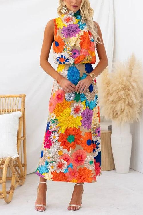 Sleeveless Tie Neck Waisted Floral Print Maxi Dress Flowering Girl