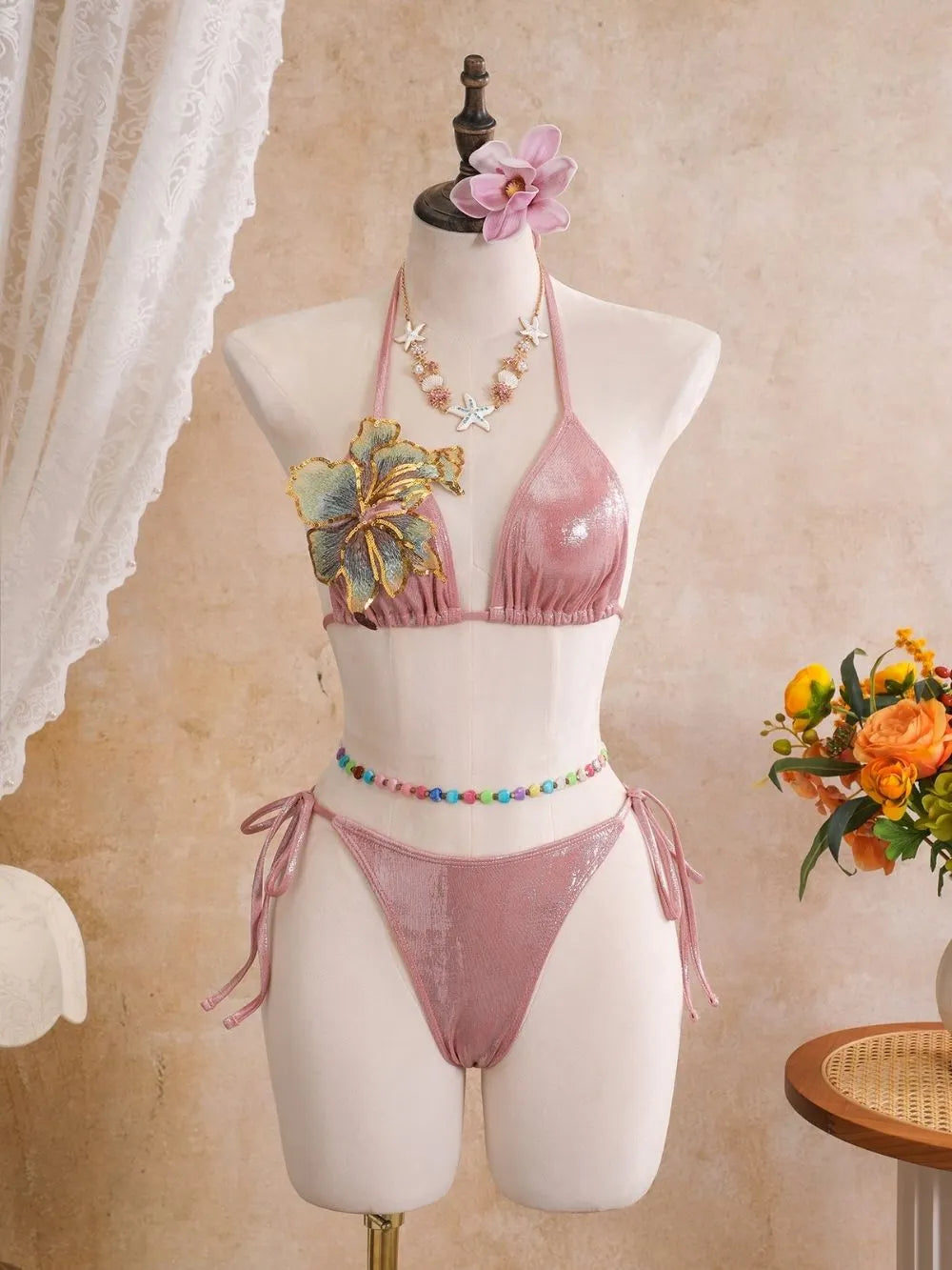 Ambric Pink Flower Three-Piece Swimsuit Flowering Girl