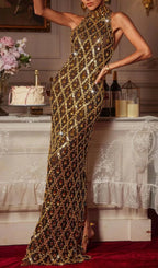 Liora Sequin Crystal Maxi Dress In Gold Flowering Girl