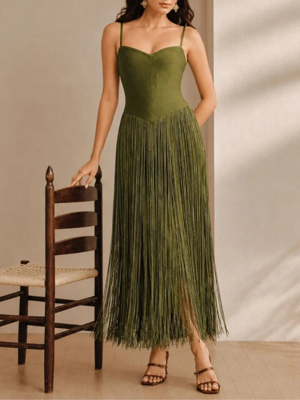Manette Green Spaghetti Tassel Maxi Dress Flowering Girl