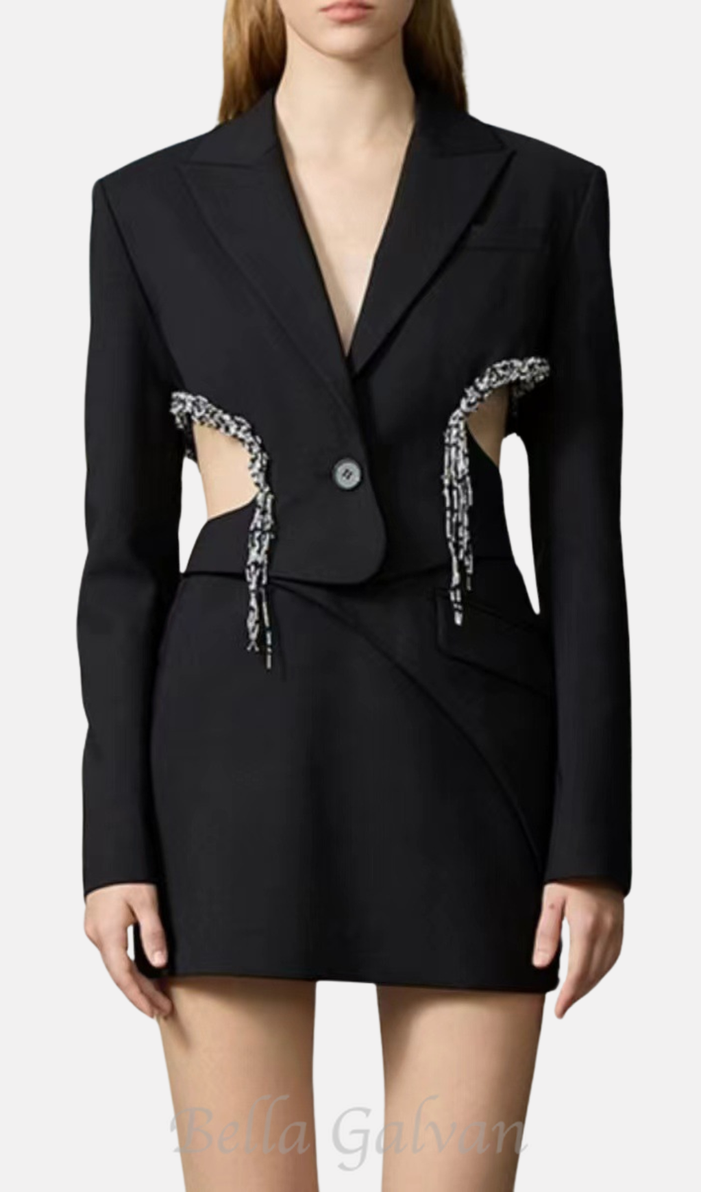crystal-embellished cut out blazer dress in black Flowering Girl