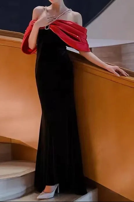 Tove Off Shoulder Velvet Maxi Dress - Red Flowering Girl