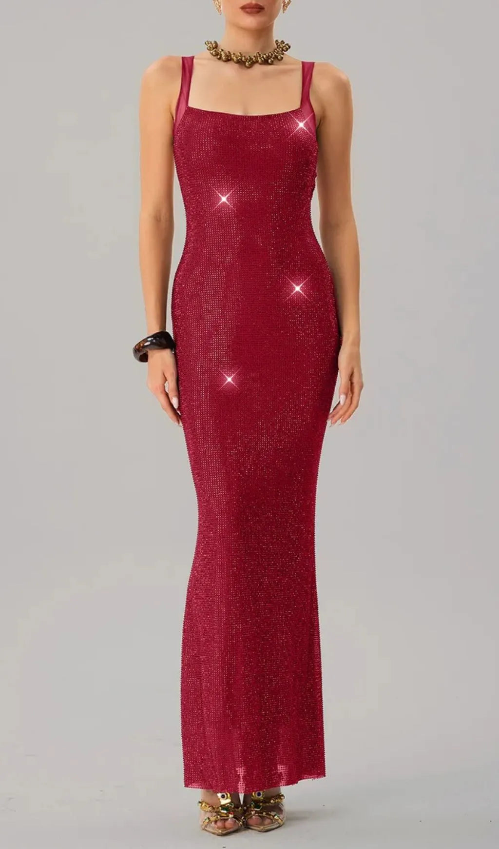 Jouncegrid Backless Rhinestone Maxi Dress In Red Flowering Girl
