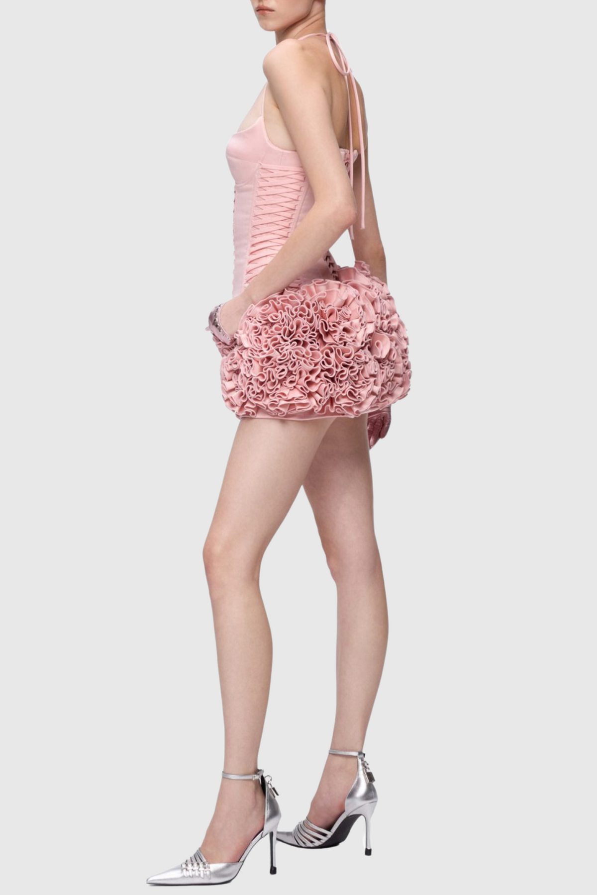 Cindia Floral Lace Up Corset Two Piece Set in Pink Flowering Girl