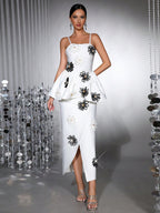 White Bodycon Midi Dress Bandage Elastic Sling With Handmade Flower Flowering Girl