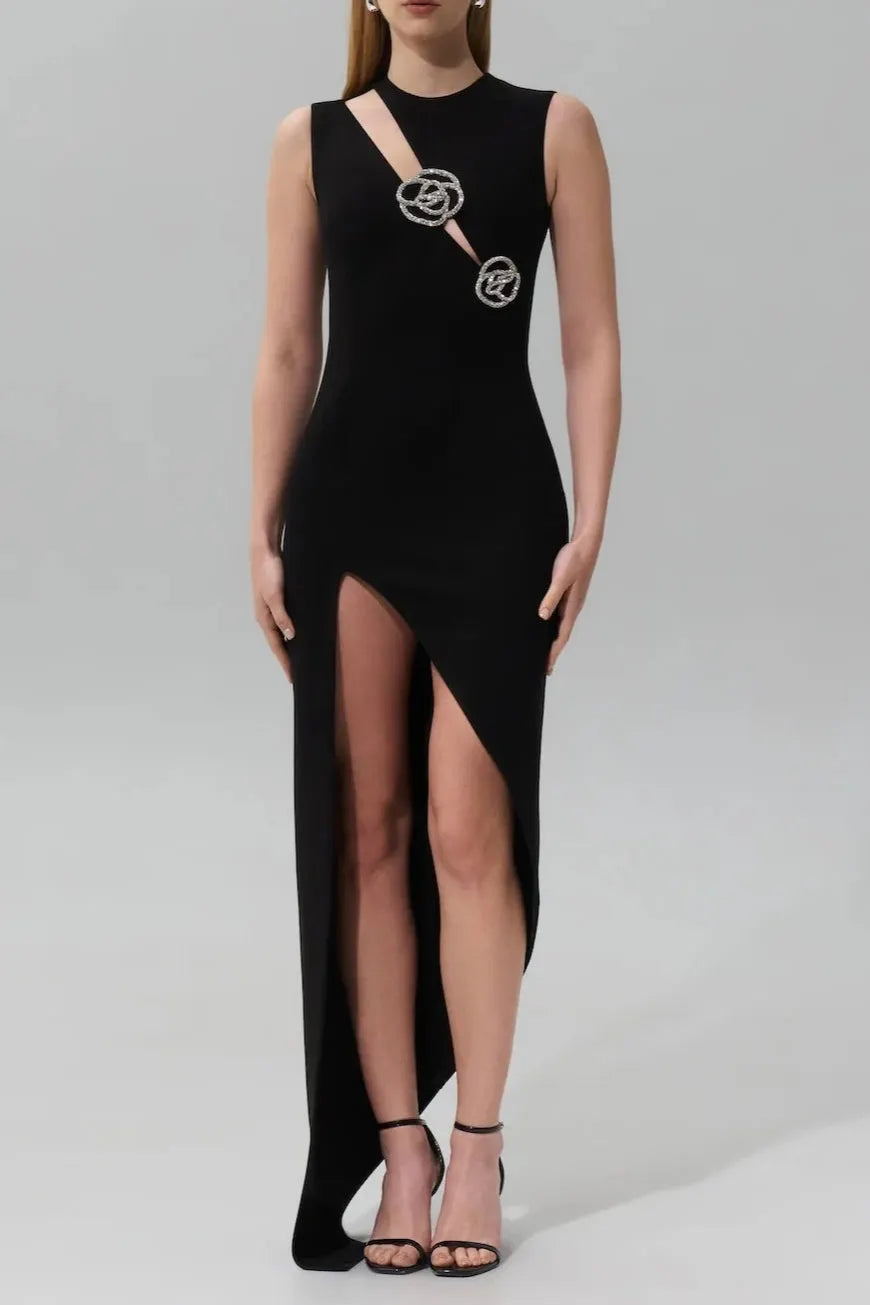 Crystal Rose Detailed High-Slit Black Dress Flowering Girl