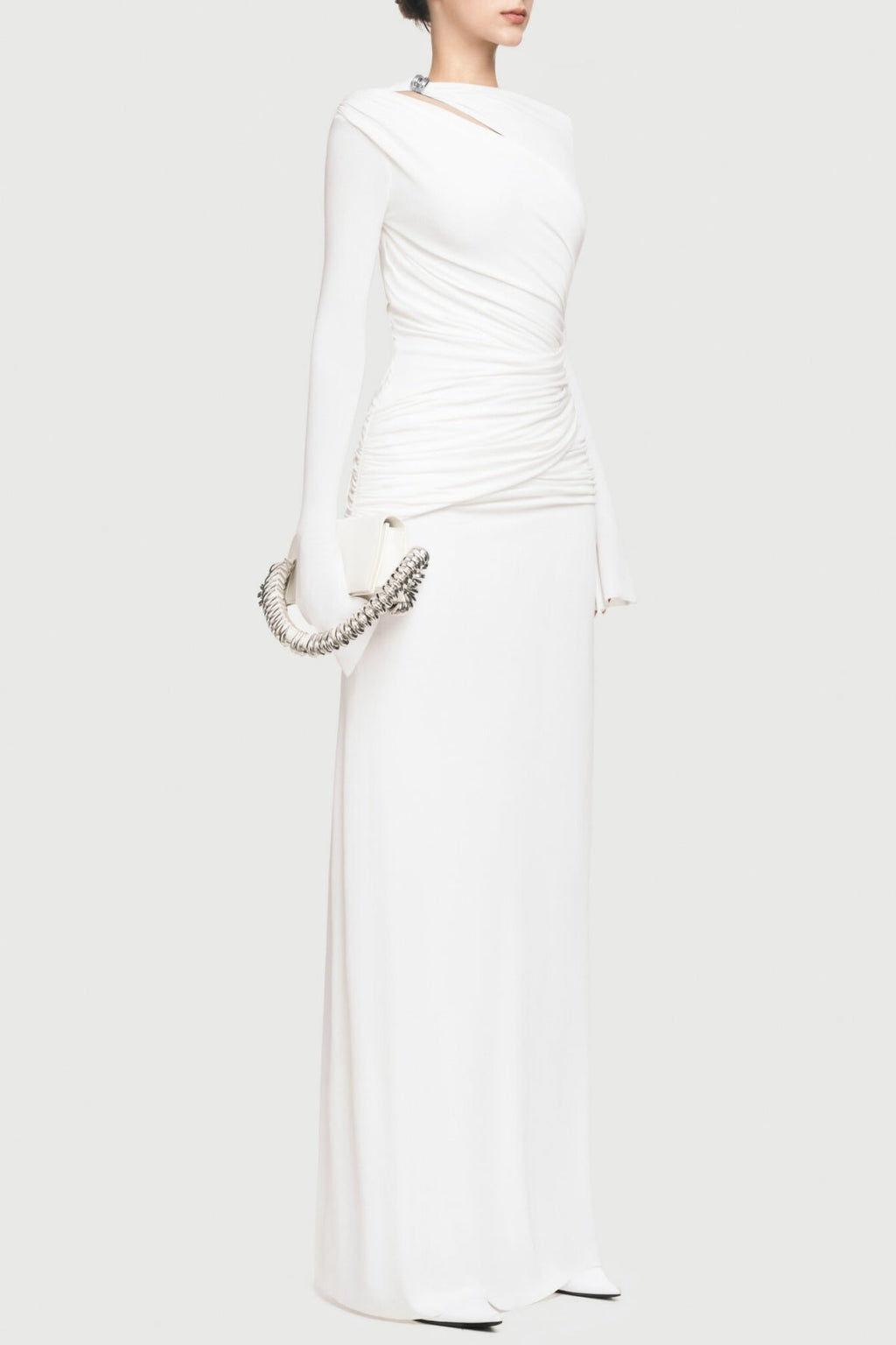 Lysander Asymmetrical Drape Cutout Maxi Dress - White Flowering Girl