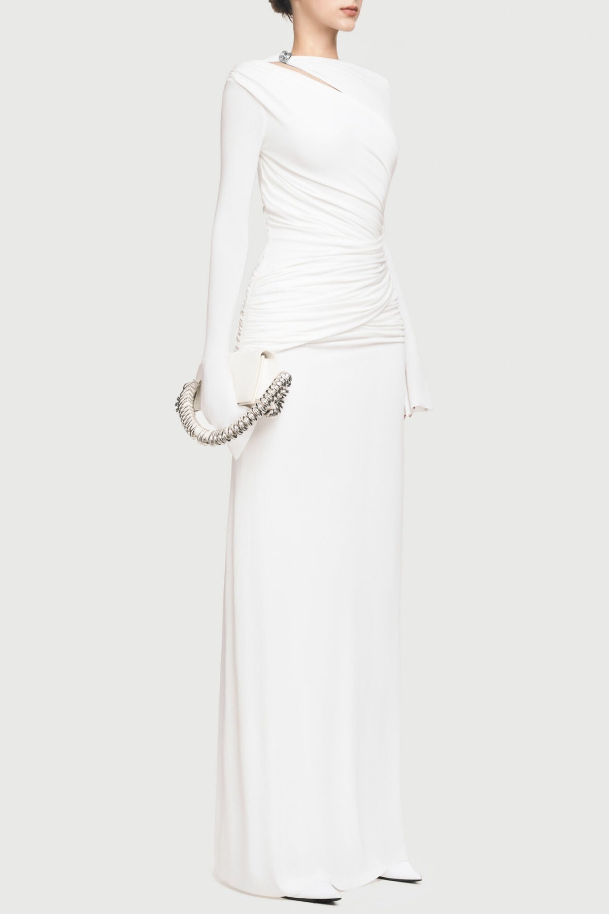 Lysander Asymmetrical Drape Cutout Maxi Dress - White Flowering Girl