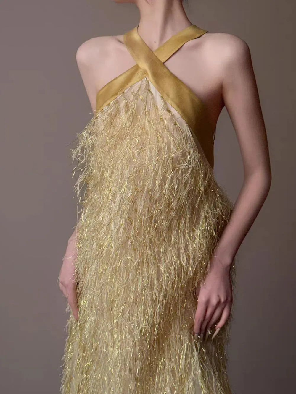 Martirio Gold Halter Maxi Dress Flowering Girl