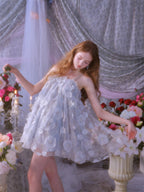Tutu Light Blue Sleeveless Flower Diamond Short Doll Dress Flowering Girl