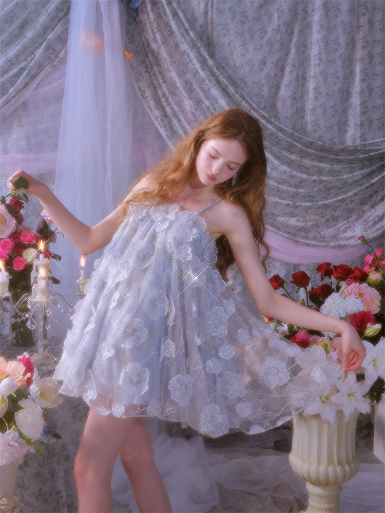 Tutu Light Blue Sleeveless Flower Diamond Short Doll Dress Flowering Girl