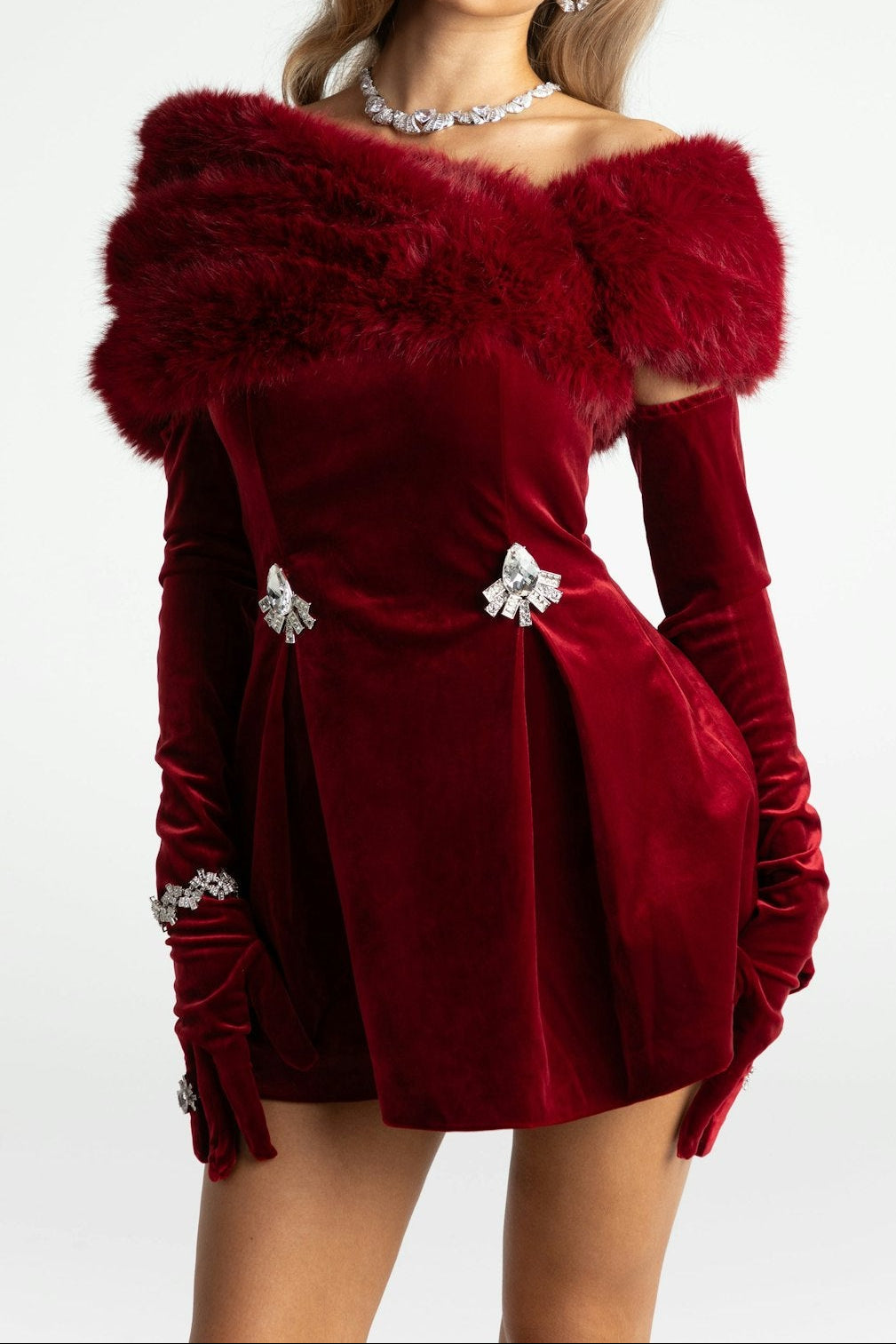 Daphne Long Sleeve Fur Velvet Mini Dress In Red Flowering Girl