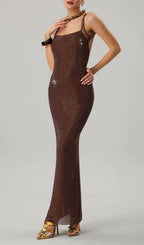 Jouncegrid Backless Rhinestone Maxi Dress In Brown Flowering Girl
