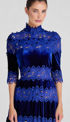 Hollow Patchwork Velvet Dress In Blue Flowering Girl