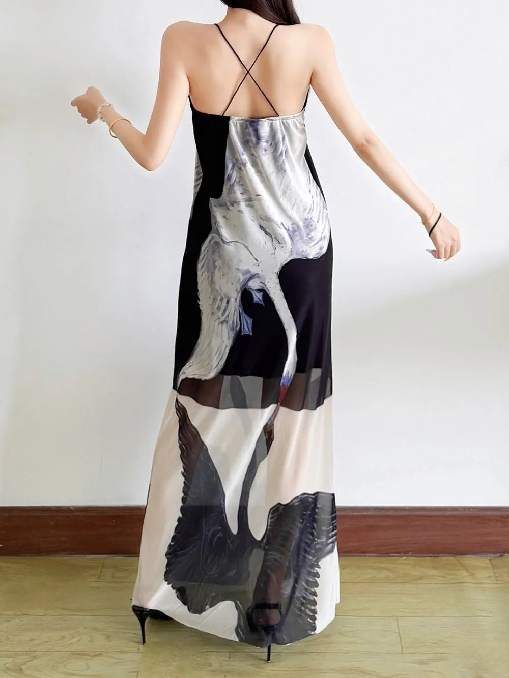 Meryem Spaghetti Swan Printed Maxi Dress Flowering Girl