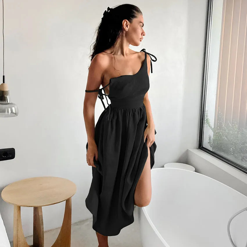 Cotton Linen Backless Strap Midi Dress Flowering Girl