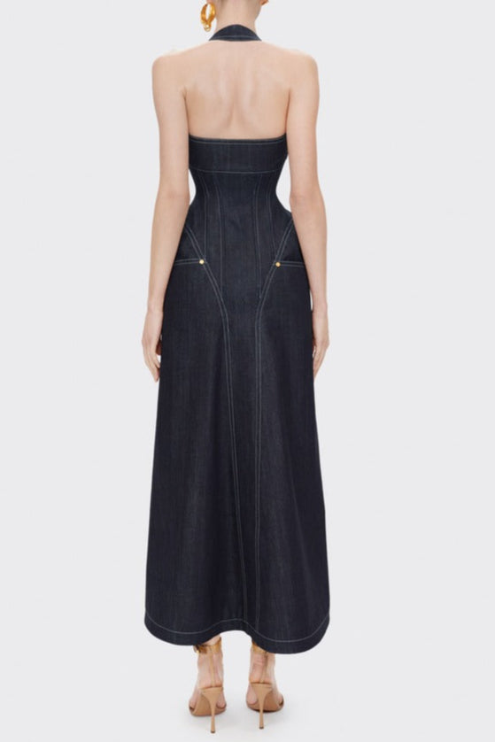 Haltered Corseted Midi Dress Denim In Navy Blue Flowering Girl