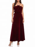Menna Wine Strapless Flower Velvet Maxi Dress Flowering Girl