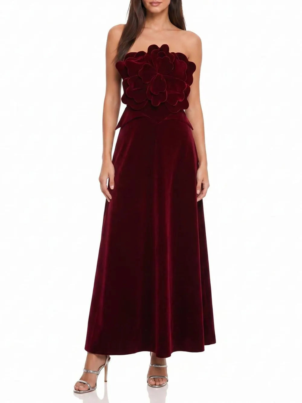 Menna Wine Strapless Flower Velvet Maxi Dress Flowering Girl