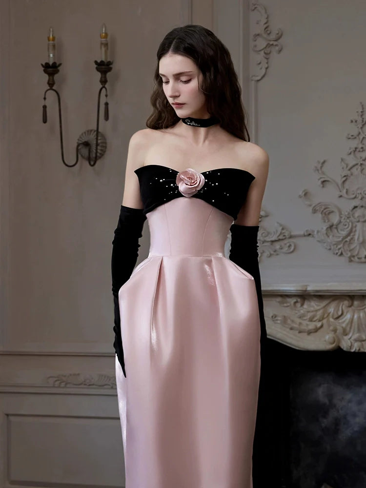 Satin Pink Flower Strapless Maxi Prom Dress Flowering Girl