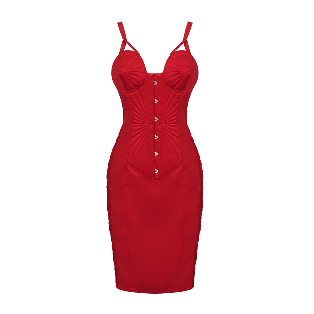 Katherine Satin Bodycon Corset Mini Dress In Red Flowering Girl