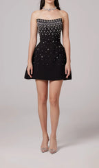 Crystal Beading Strapless Mini Dress In Black