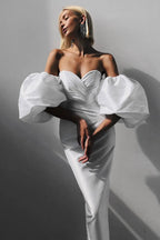 Off Shoulder Backless Puff Sleeves Midi Dress Flowering Girl