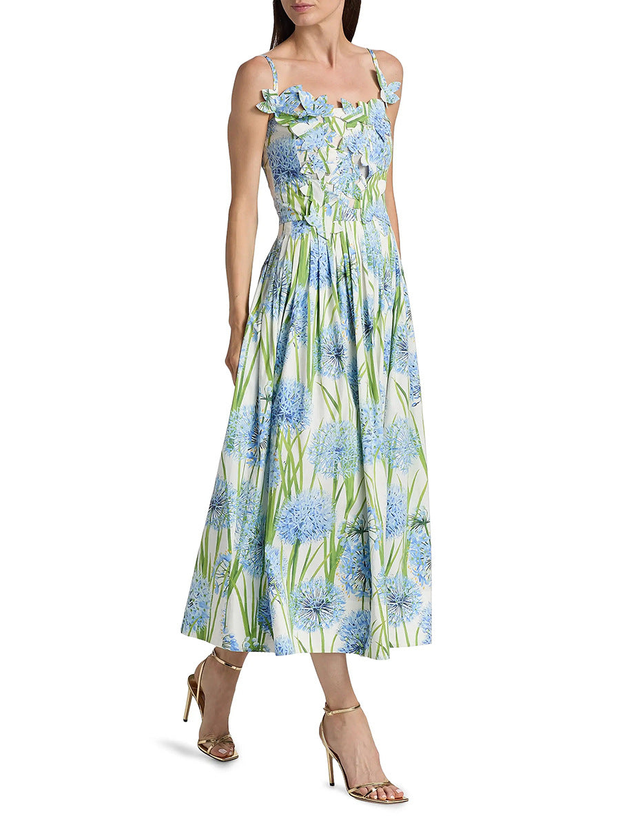 Jolie Multicolor Floral Bow Embroidered Poplin Midi Dress Flowering Girl