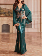 Miko Green Sequin Long Sleeve Maxi Dress Flowering Girl