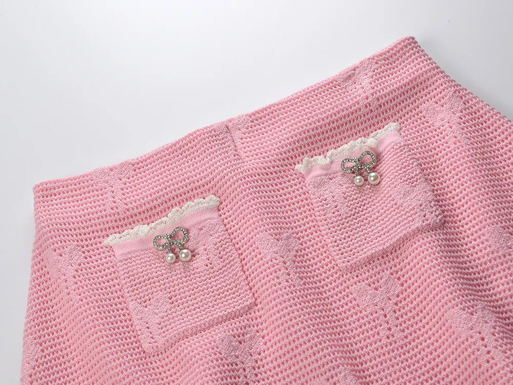 Joanna Knit Co-Ord Set With Pearl & Bow Detailing – Pink Flowering Girl