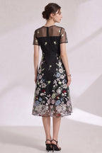Black Floral Embroidery A-Line Midi Dress with Sheer Mesh Overlay Flowering Girl