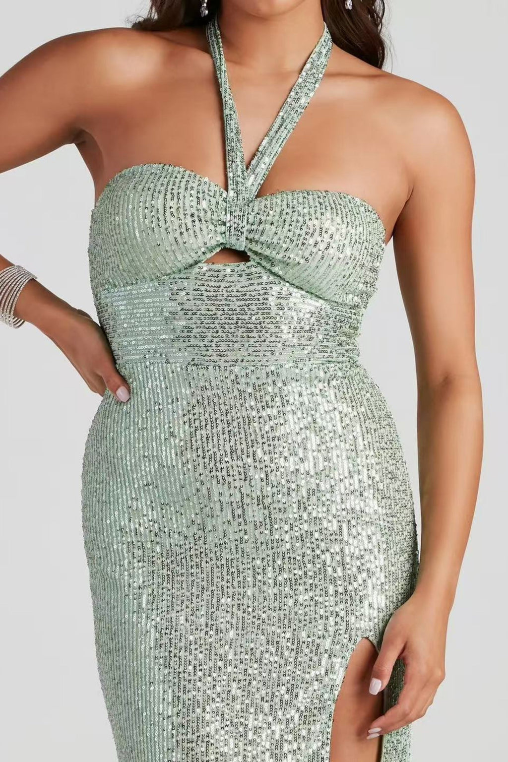 Halter Sequined Slit Maxi Dress Flowering Girl