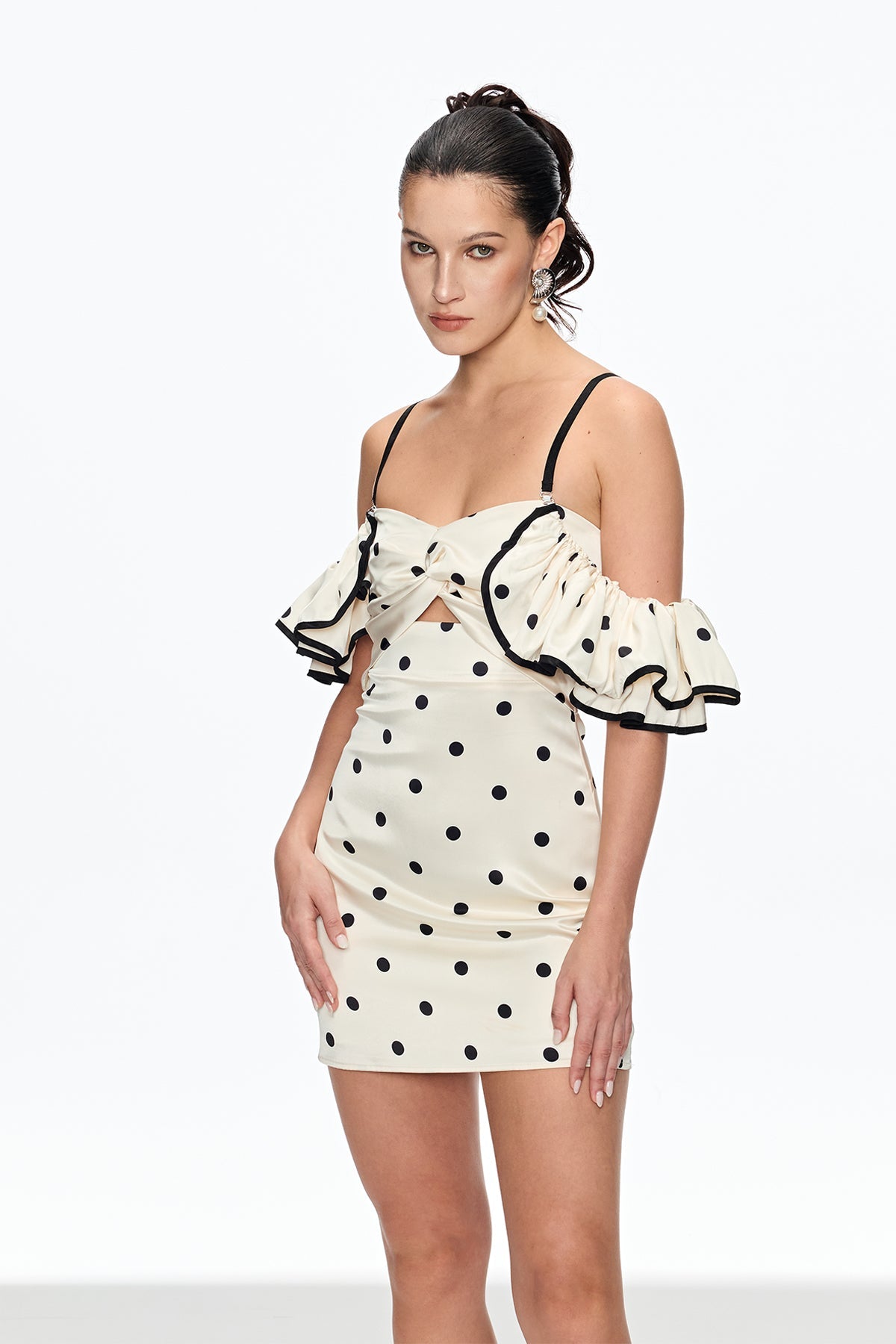 hermosa Dot Off Shoulder Mini Dress In White Flowering Girl