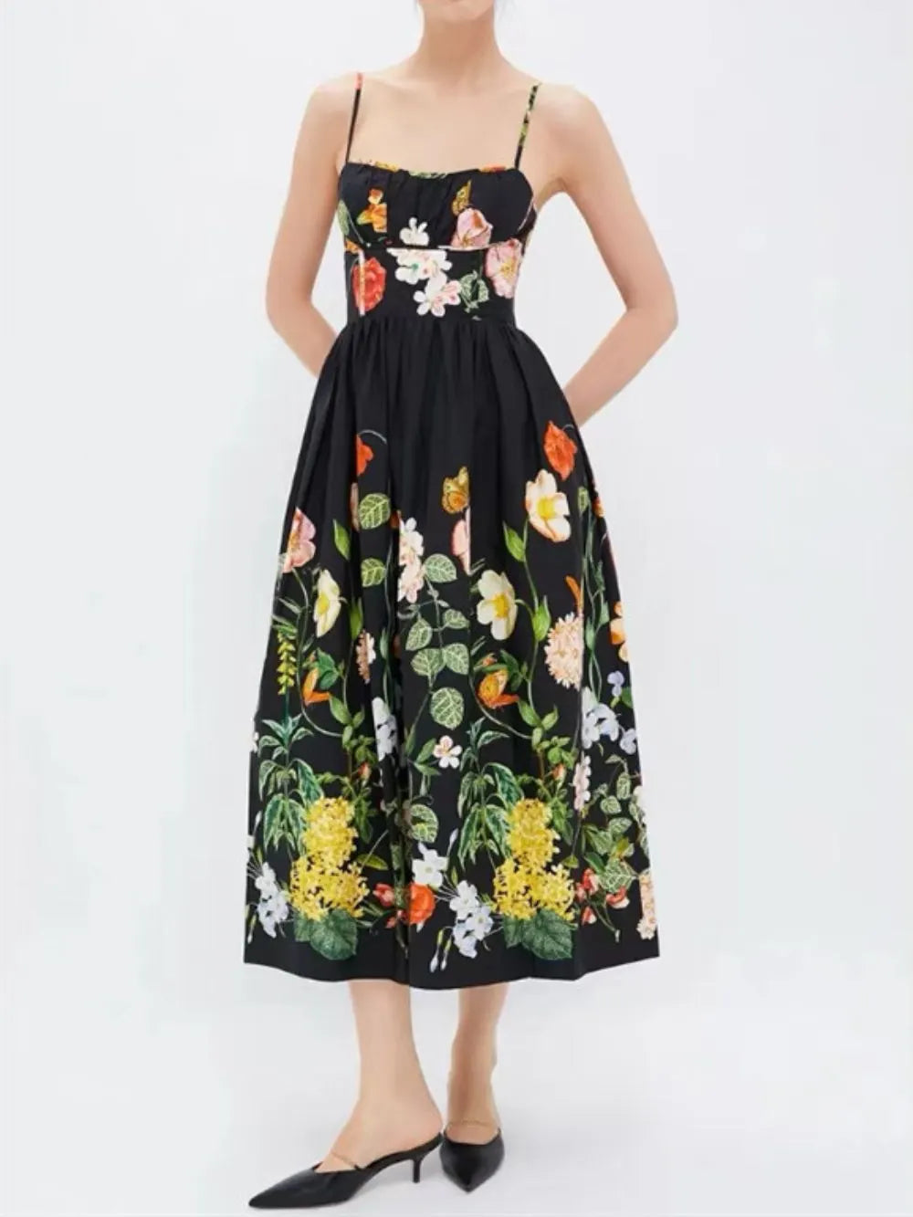 Meaza Black Spaghetti Printed Midi Dress Flowering Girl