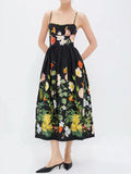 Meaza Black Spaghetti Printed Midi Dress Flowering Girl