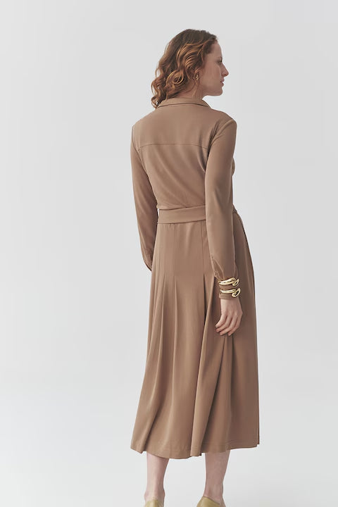 Drawstring Waist Midi Dress In Brown Flowering Girl