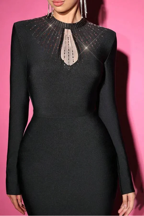 Sara Black Mesh Rhinestones Embellished Bodycon Bandage Maxi Dress Flowering Girl