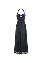 Bonnie Halter Pleated Cutout Maxi Dress In Navy Blue Flowering Girl