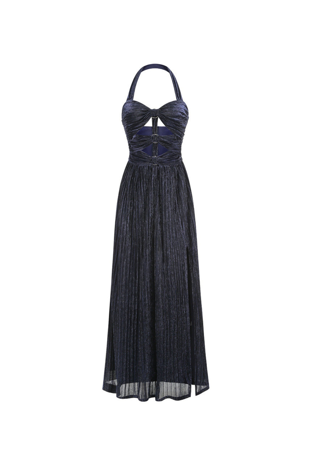 Bonnie Halter Pleated Cutout Maxi Dress In Navy Blue Flowering Girl
