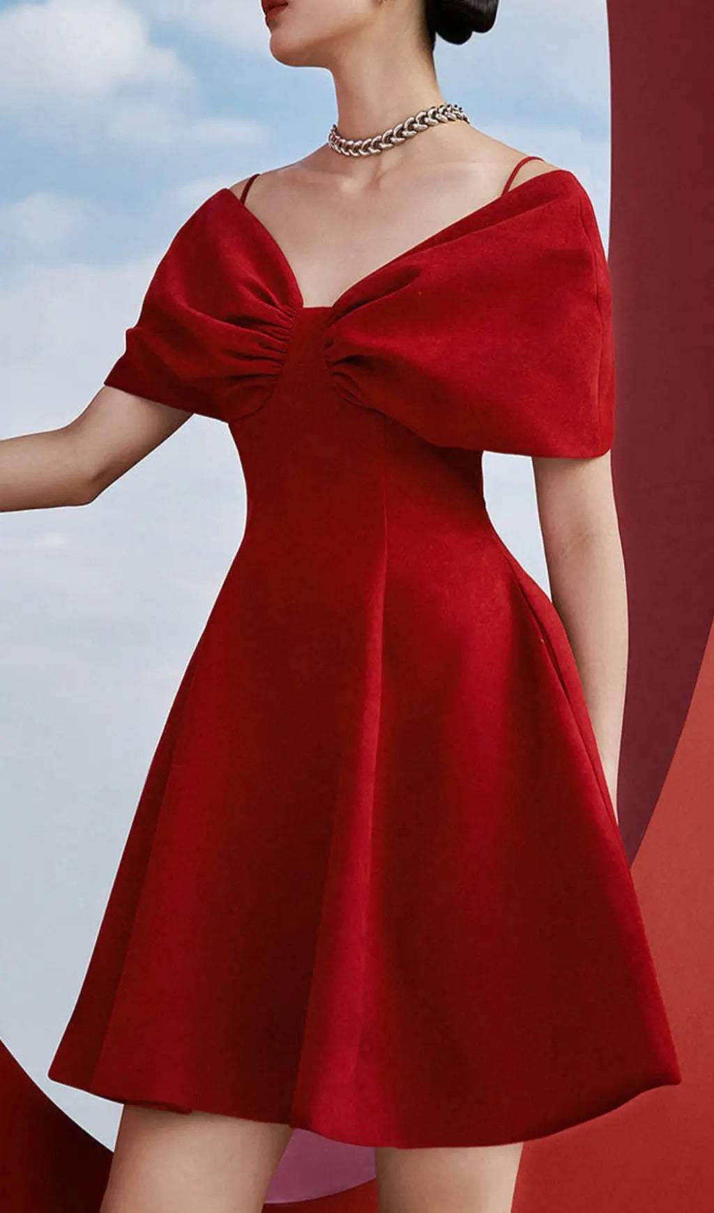 Red Off Shoulder Pleated A Line Dress Flowering Girl