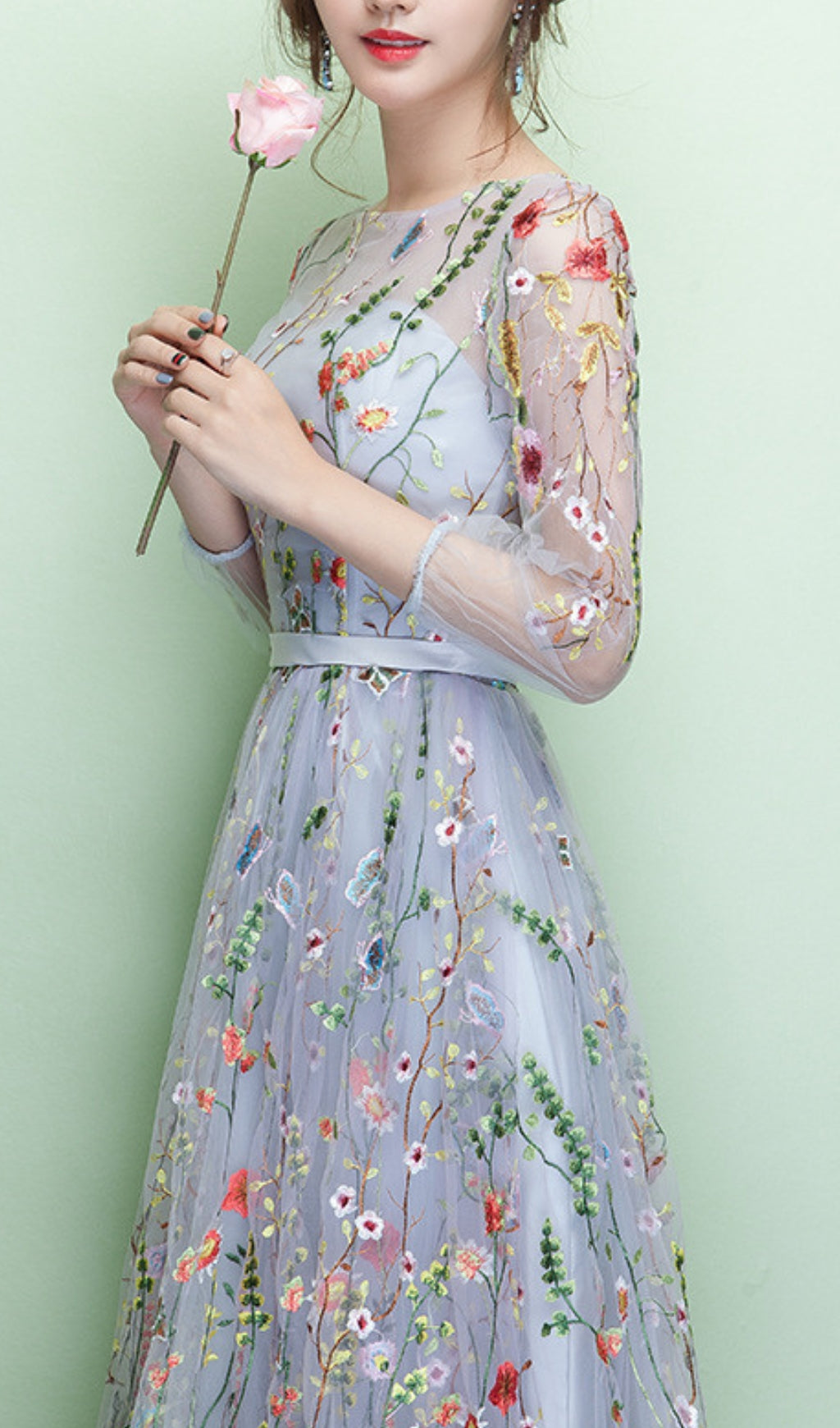 Dannell Gray Flower Mesh Sleeve Maxi Dress Flowering Girl
